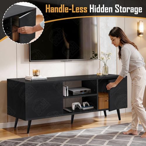 Image of ABOUT SPACE TV Unit - Engineered Wooden TV Stand Table with Bottom Open Storage, Adjustable Shelves & 2 Closed Cabinets for Set Top Box WiFi Router Stand (Black Mahogany - L 136 x B 40.5 x H 53 cm)