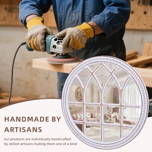 Image of 36 Inch Round Wood Window Mirrors, Farmhouse Windowpane Wall Mirror | Large Decorative Accent, Boho Look, for Entryway, Living Room, Hallway, and Fireplace Mantel Styling