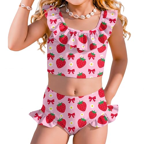 Image of Xaatren Toddler Girl Swimsuits 2 Piece Kids Ruffle Trim Bathing Suit with Adjustable Strap Summer Cute Tankini for 2-8 Years