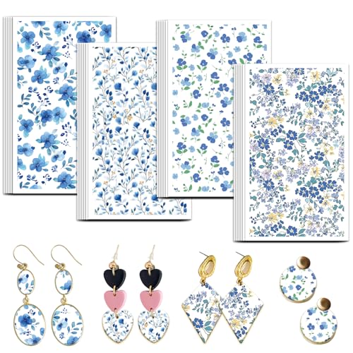 OLYCRAFT 24Pcs Blue Flowers Clay Transfer Paper 4 Design Transfer Paper for Polymer Floral Polymer Clay Transfers Sheets Small Flower Transfers Papers for Clays Earrings Jewelry Making