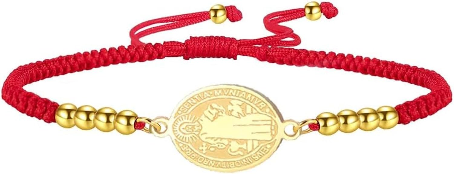 HUGGWRT Saint Benedict Medal Bracelet, Handmade Adjustable String Rosary for Exorcism Protection, Christian Religious Cord Jewelry for Catholic Women Men, G-R string 2