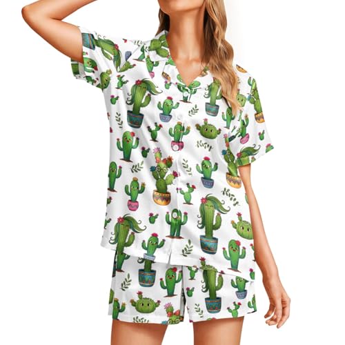 Image of Funny Pajamas for Women Set Print Satin Loungewear Pjs Short Sleeve Button Down Top and Shorts Sets Sleepwear XS-3XL