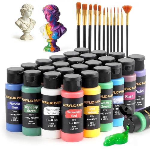 TMOL Acrylfarben Set, 24 Farben x60 ml +12 Pinsel, Acrylic Paint Set, Künstlerbedarf für Leinwand, Holz, Keramik, Stoffe, ungiftige Pigmente Acrylfarbe für Anfänger, Studenten, Profis, Künstler