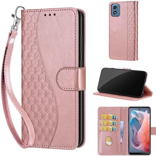 Étui portefeuille Moto G Play 2024 en cuir rose gold avec porte-cartes