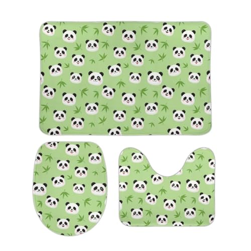 ACCXECTGGV Absorbent 3 Piece Bathroom Rugs Panda Bamboo Patterns Mint Green Washable Bath Mat Sets with Toilet Lid Cover and U-Shape Mat
