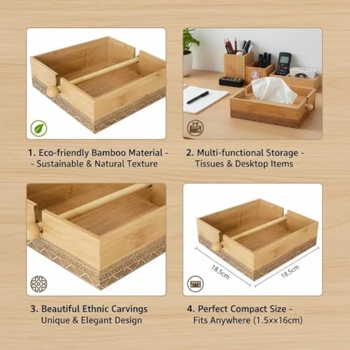 Miniatura 4 de Lin Home Rs02178 Servilletero De Bambú 18.5x18.5x6cm Con Barra Deslizante Y Diseño Grabado, Perfecto Para Mesa De Comedor, Oficina O Cafetería