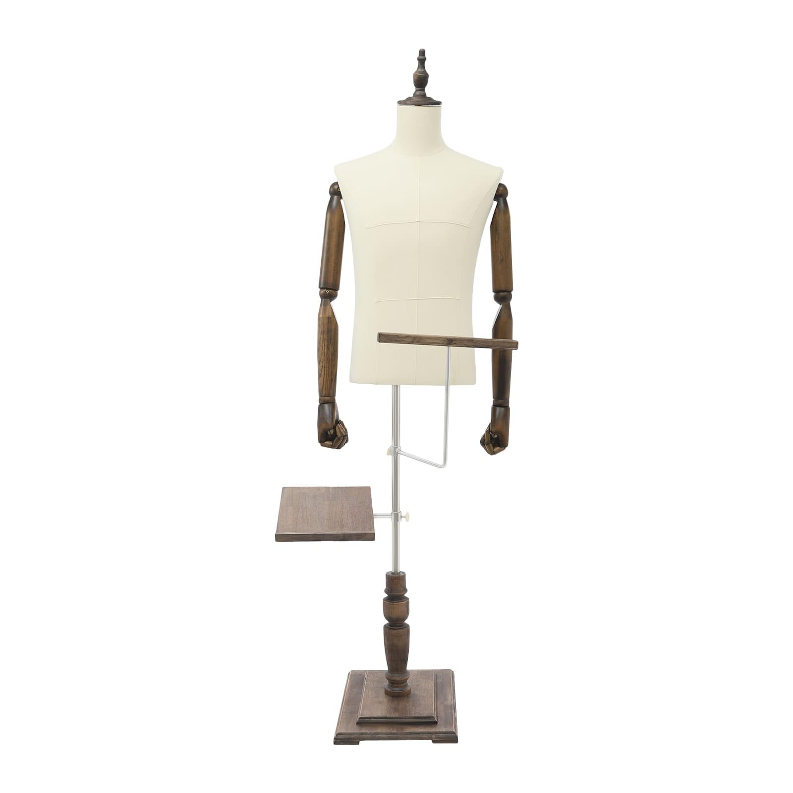 Mannequin de Couture Homme Réglable 135–180 cm, Porte-Pantalon et Support à Chaussures, Socle Stable en Bois, Buste Autoportant pour Boutiques et Vitrines (Beige, Standard)