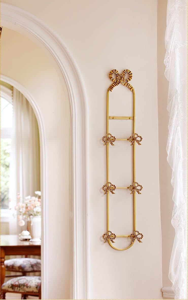 Vintage Brass Vertical Plate Holder with Bow Design,3-Tier Wall Mounted Display Rack for Decorative Plates, Elegant Antique Gold Home Decor Organizer