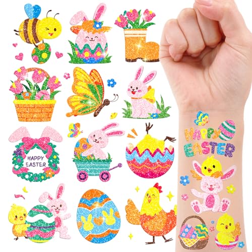 Leesgel Oster Glitzer Tattoos für Kinder, 96 Stück Temporäre Tattoos für Ostern, Körbchenfüller, Mitgebsel, Spiele & Party Preise