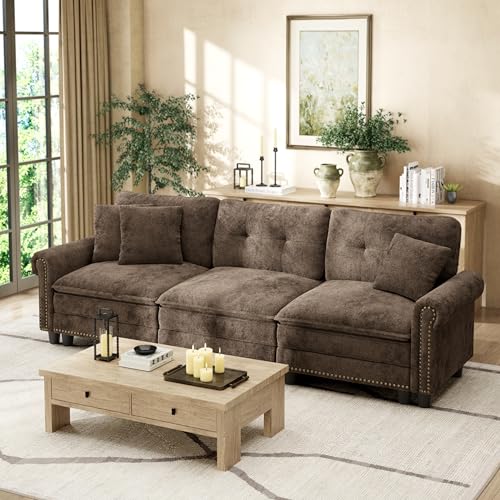 Image of HERA'S HOUSE 103.1 inch Modular Sectional Couch for Living Room Deep Seats | Mid-Century Modern 3-Seater Cloud Sofa, Grayish Brown, Rolled Arms & Nailhead Trim, Wider & Deeper Seats, Soft Chenille