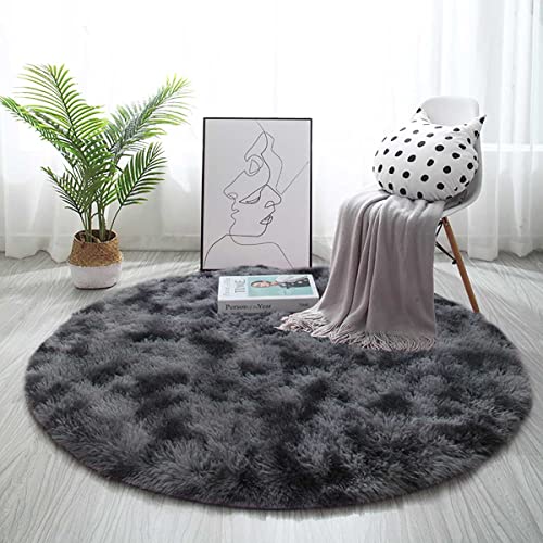 Tenekee Round Rugs for Bedrooms Fluffy Living Room Circle Area Rug Soft Shaggy Carpet for Kids Room Floor Mat(Black grey, 120cm)