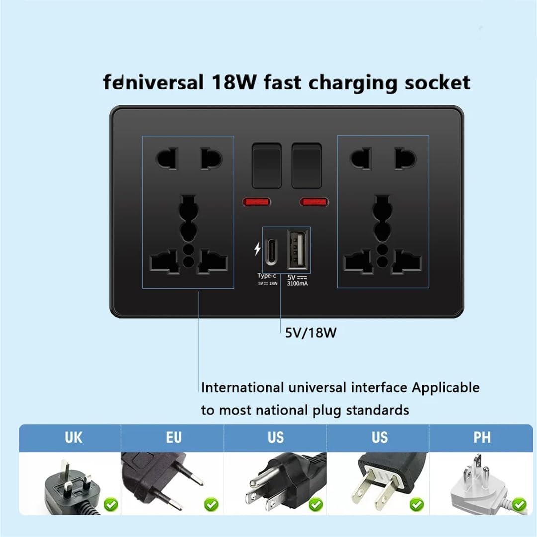 UK Schwarz USB Typ-C 18W Smart Schnelle Lade Buchse Doppel 5-Pin Power Stecker 220V Wand Licht Schalter 13A Buchse Strom 16A Schalter Strom