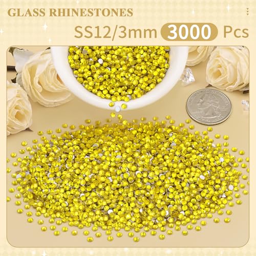 Image of 3000PCS SS12 /3mm Crystal Glass Rhinestones for Bedazzling (Lemon Yellow) | Flatback Rhinestones for Crafting DIY Nail Art Makeup Decoration, Gems Diomand Charms for Tumbler Shoes Clothing Mug