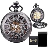 DerMacht Pocket Watch Mechanical, for Men Women Half Hunter Roman Numerals with Chain - Black