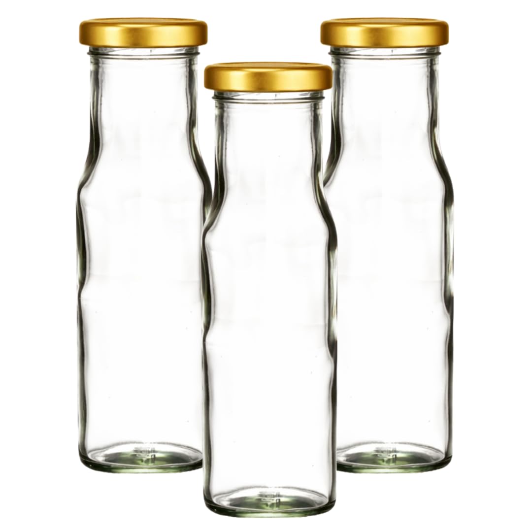 Jars and Bottles 250ml Glass Sauce Bottle with Twist-Off Caps | Preserve Bottle for Sauces, Chutneys, Jams & Homemade Products (48, Gold)