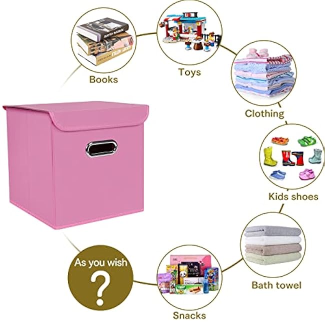 Fabric Storage Cube Bins with Lids Closet Organizers collapsible storage bins basket with Handles for Home,Storage Boxes for Organizing,3 Pack,(Pink)