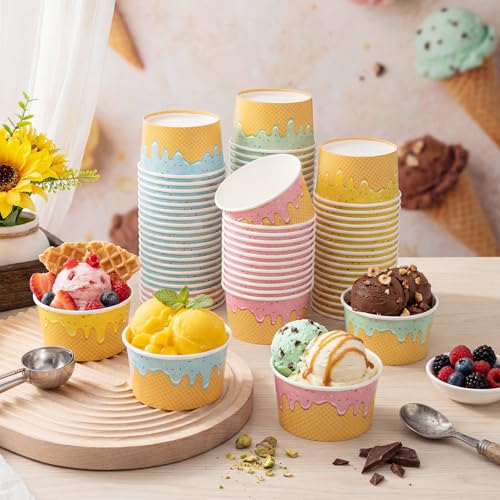 Image of Jingmore 80 Count Paper Ice Cream Cups with Clear Dome Lids Disposable Dessert Cups Bulk Dessert Bowls Sundae Containers for Snack Yogurt Soup Birthday Ice Cream Party Supplies (8 oz)