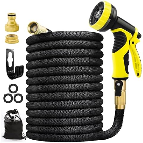 1BAZAR Hose Pipe 100FT, Expandable Garden Hose,Upgraded 10 Function Modes Water Spray Gun, Expanding Hose Pipe,Water Hose Pipe 3/4" & 1/2" Solid Brass Connectors,No-Kink Flexible Hose Pipe Cover
