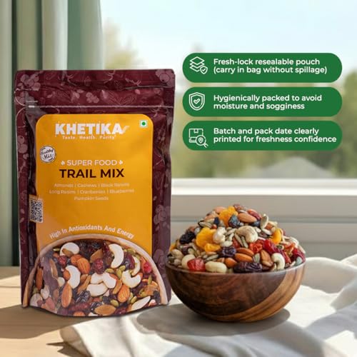 Image of Khetika Trail Mix 200g | 7 Superfood in 1 Mix | Dry Fruits & Seeds Mixed pack, Energy Power Pack Contains Almonds, Cashews, Cranberries,Black Raisins, Long Raisins, Pumpkin Seed, Blueberries