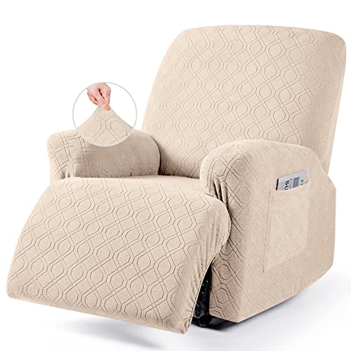 VANSOFY Oversized Recliner Chair Cover, 4-Pieces Stretch Recliner Covers for Recliner Chair Soft Reclining Chair Slipcover Jacquard Pattern Furniture Protector for Dogs Cats(Cream)
