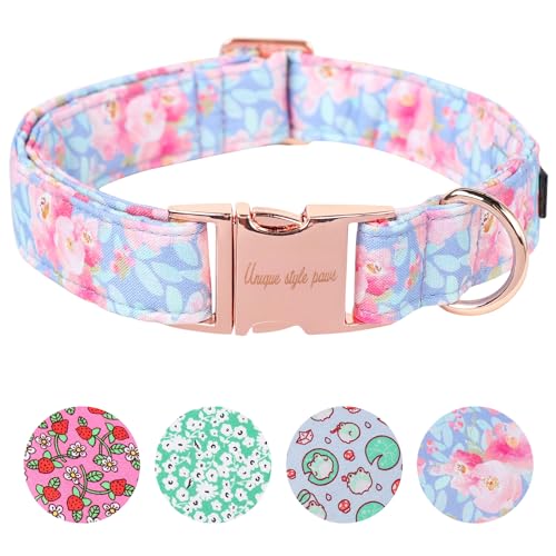 Unique style paws Verano Collar de Perro Azul Arneses Collares y Correas para Collar Rosa Flor Perro Cadena Amplia Dog Collar de Tirante Regalos para Pequeños Medianos Grandes Perros XS