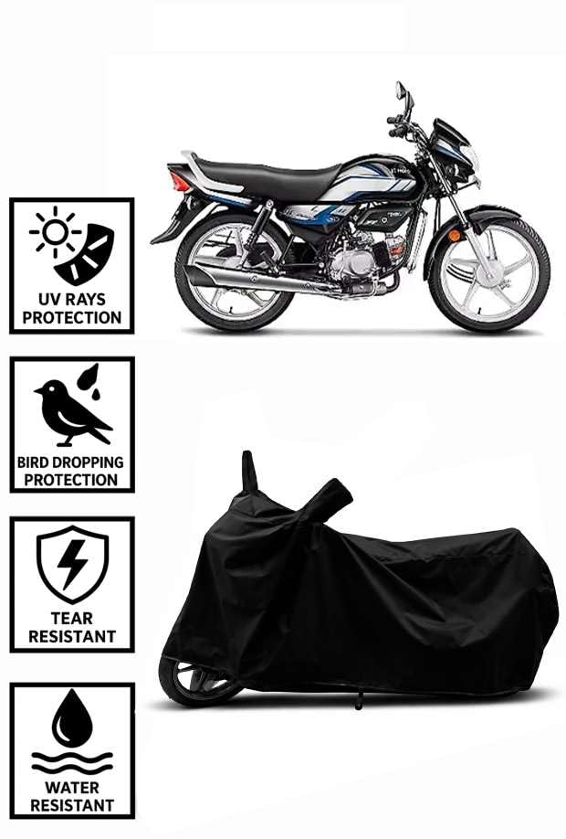 Image of Sheild Heavy Duty Waterproof Scooty & Bike Cover for Hero Hf Deluxe - UV Resistant, Dustproof & Rain Protection, All-Weather Outdoor Cover for Bikes & Scooty with Buckle Straps(Black)