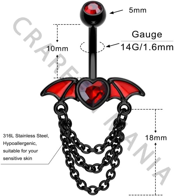 CM Crareesi Mania Bat Belly Button Ring 316L Surgical Steel Dangle Chain Belly Rings 14G Black Belly Piercing Jewelry for Halloween Heart CZ Belly Button Rings - Image 6
