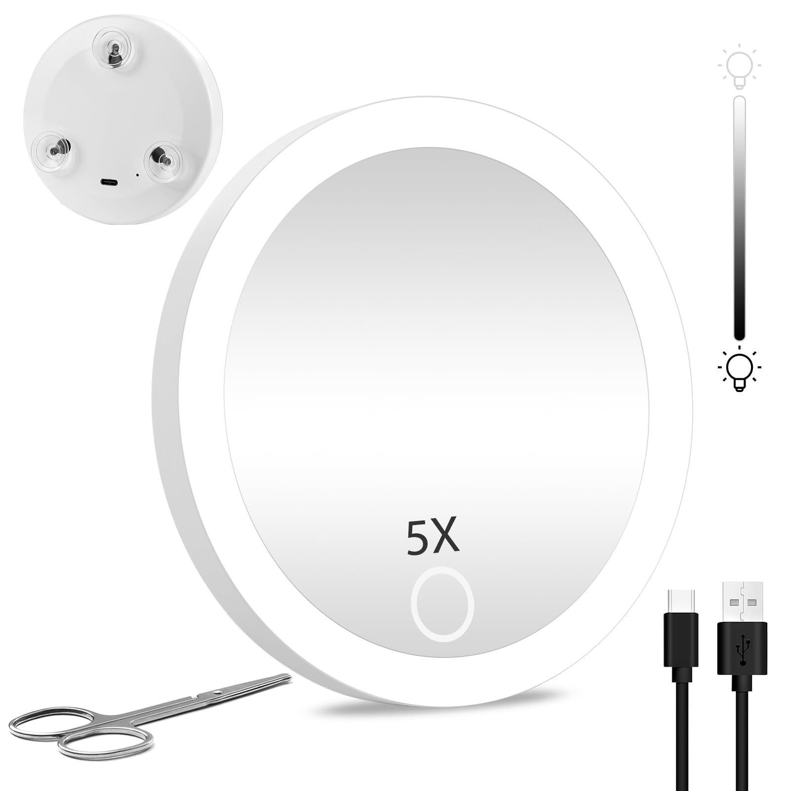 JADAZROR Espejo Compacto con luz, Espejo de Aumento 5X, Espejo de Maquillaje de Viaje Iluminado, Espejo de Bolsillo de Mano de 10cm, Espejo de Maquillaje de Aumento 5X con 3 ventosas
