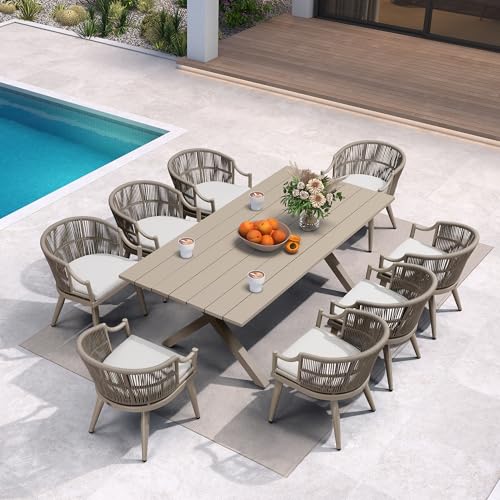PURPLE LEAF 9 Pieces Outdoor Dining Set All Weather Wicker Patio Dining Set with Rectangular Aluminum Table and Modern Armrest Dining Chairs for Garden Deck Backyard Kitchen, Champagne