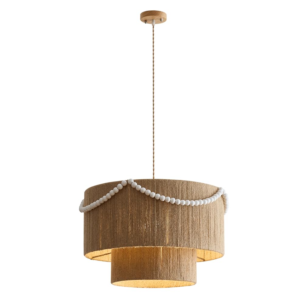 CHUNGYANG Wabi Sabi Style Pendant Lamp Dual Layer Natural Hemp Rope Woven Shade Kitchen Chandelier Light Fixture Adjustable Cord Minimalist Hand Knitted Hanging Light for Bedroom Living Room Entryway