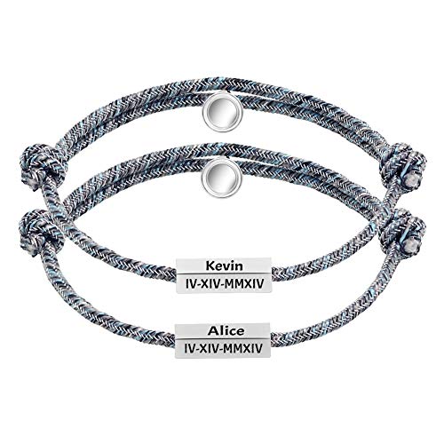 Personalized Gift Custom Engraving His Hers Stainless Steel Name Plate Bar with Mutual Attraction Magnetic Charm Pendants Braided Rope Bracelet for Couple - 2PCS