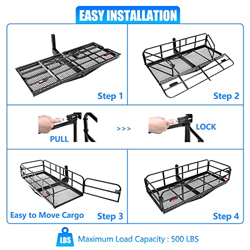 KAIRAY 500 Lbs Heavy Duty Hitch Mount Cargo Carrier 60"x24"x14.4" Folding Rear Luggage Rack Basket Fits 2" Receiver for Car SUV Camping Traveling with Stablizer Waterproof Bag Net Ratchet Straps Lock