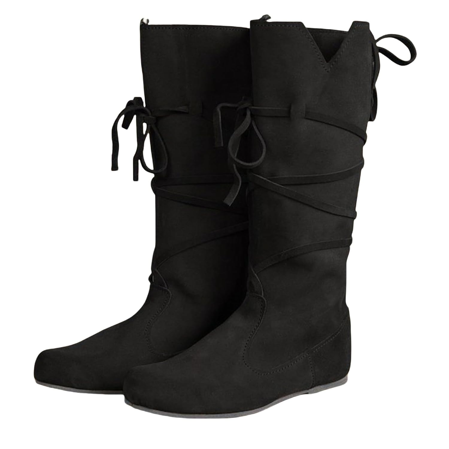 ZWRXW Womens Cowboy Boots Faux Suede Round Toe Pull On Cowgirl Boot Retro Flat Lace Up Mid Calf