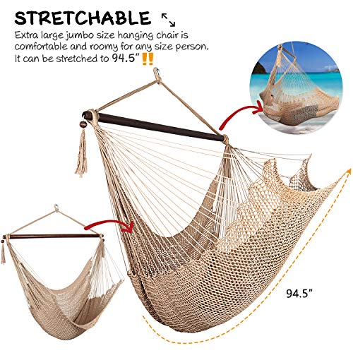 Bathonly Large Hammock Chair With Spreader Bar, Caribbean Hammock Swing Chair, Xl Hammock Chair Outdoor Indoor, 330 Lbs Weight Capacity, Light Brown #TOP3