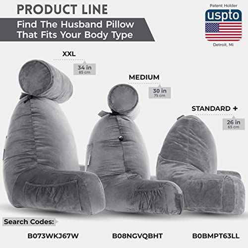 Image of Husband Pillow Dark Grey, Standard+ Original Reading Pillow in Bed Rest Chair, Shredded Memory Foam Large Lounge Cushion Adult Backrest w /Arms, Comfy Back Support for Sit Sitting Up, Removable Cover