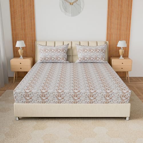 Image of LINENWALAS 100% Cotton 200 TC Double Fitted Sheet with 2 Pillow Covers | 360 Elastic Bedsheet with 4-8 inch Deep Pocket - Soft Breathable Bedding (72x72 inch, Whispering Wings)