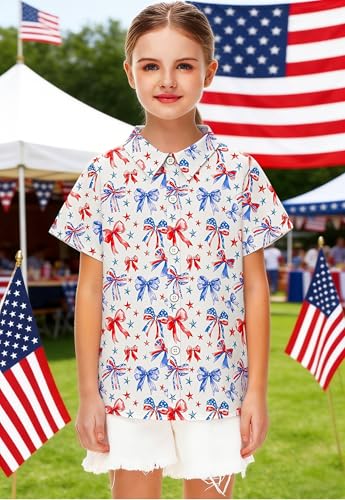 Image of 4th of July Shirts for Girls Boys American Patriotic Tshirt Kids Hawaiian Button Down Tops