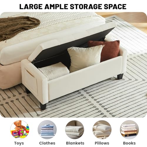 Image of Velvet Storage Ottoman Bench for Bedroom, End of Bed Bench with Button, Side Storage Pockets, Organizer Storage Chest, Upholstered Foot Rest, Load up to 400 lb, for Living Room, Entryway, Beige