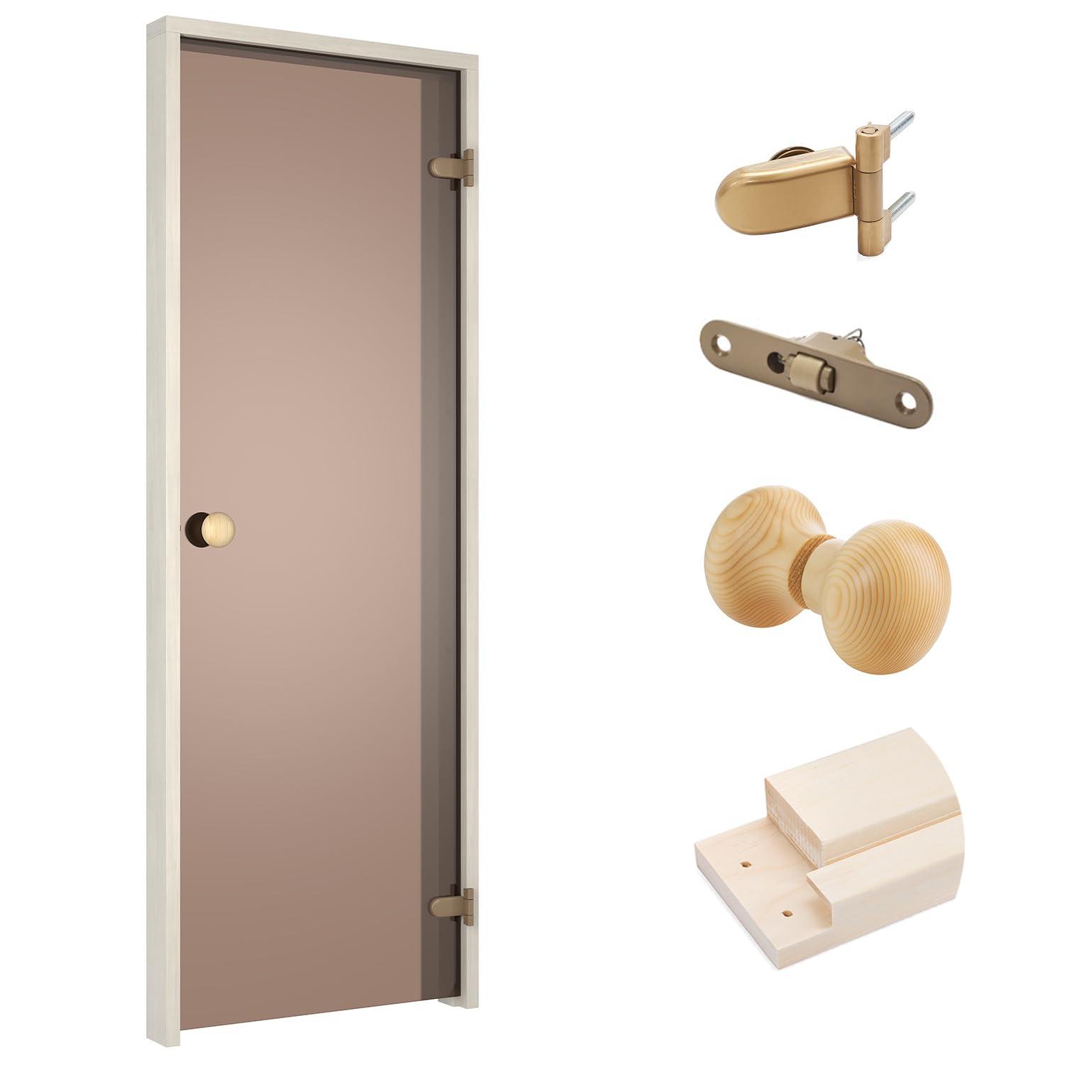 Porte de sauna ESSENTIAL – Verre de sécurité trempé 8 mm, Cadre en bois lamellé, Ouverture réversible droite/gauche (Bronze/Tremble, 80x200)