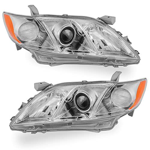 Image of OEDRO Headlight Assembly Compatible with 2007 2008 2009 Toyota Camry (Exclude Hybrid) Halogen Headlamp with Amber Refector Clear Lens Chrome Housing Pair (W /O Bulbs)