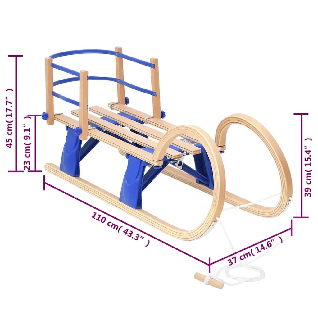 Mangloder Klappschlitten mit Rückenlehne 110 cm aus Sperrholz für Kinder, mit Zugseil, Sicherheitsleiste, stabile Metallkufen, geeignet für Schnee und Hang, ideal für Outdoor Winterfreizeit