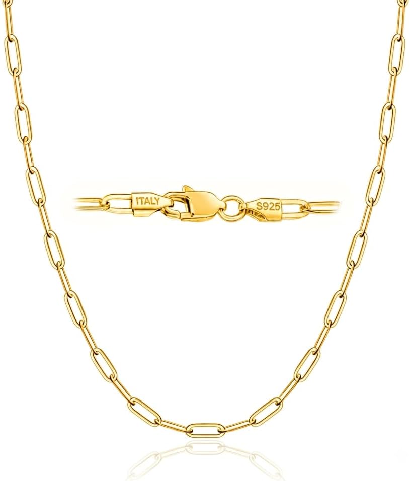18k Gold Plated 925 Sterling Silver Chain Necklace for Women,3.0mm Thin Sturdy Paperclip Chain, Layering Necklace Tarnish Resistant Dainty Jewelry Gift 18/20/22/24/26 Inch