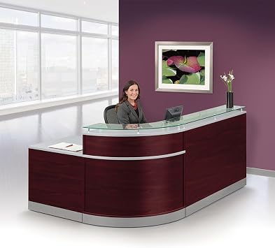 NBF L Shaped Reception Desk with Counter - 95" W x 64" D Glass Top Front Desk for Office Lobby Reception Area, Mahogany, Esquire Collection