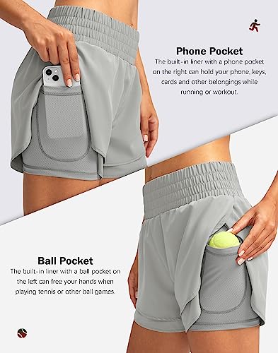 Soothfeel Women's 2 in 1 Running Shorts High Waisted Athletic Shorts Exercise Gym Workout Shorts for Women with Pockets