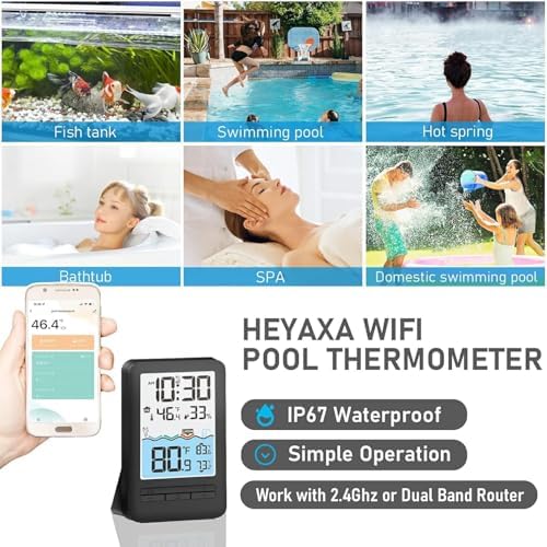 HEYAXA Wireless WiFi Pool Thermometer with 4-Inch Digital LCD Display, IPX8 Waterproof Floating Pool Thermometer, Real-Time Water Temperature Monitor for Swimming Pool, Spa, Hot Tub & Pond - 5
