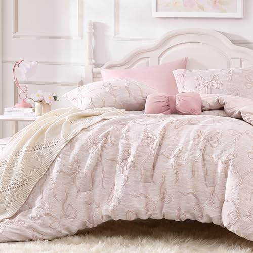 Image of Andency King Size Cute Comforter Set, 3 Pieces Pink Boho Tufted Bedding Set, 3D Puffy Bow Comforters for All Seasons (1 Comforter, 2 Pillow Shams), 104 inchx90 inch, Soft Peach