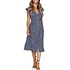 MITILLY Women's Boho Polka Dot Flutter Short Sleeve V Neck Button Down Swing Midi Dress with Pockets Medium Dark Blue
