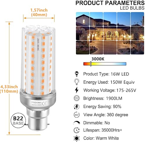 PINDOWS 16W LED Corn Bulbs B22, 3000K Warm White, High Bright 1900LM, Replace 120W~150W Incandescent, CRI 80+, Non-Dimmable, 4-Pack - Image 2