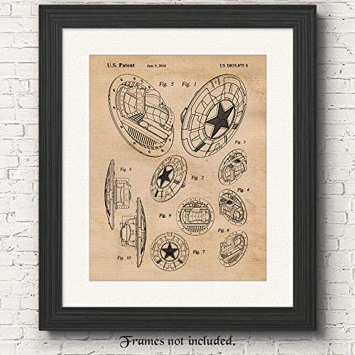 Vintage Captain America Shield Patent Poster Prints, Set of 1 (11x14) Unframed Photo, Wall Art Decor Gifts Under 15 for Home, Office, Studio, Garage, Man Cave, College Student, Comic-Con & Movies Fan