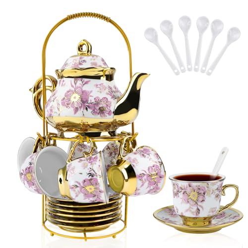 Hebaogugu 20 Pcs Porcelain Tea Set with Metal Holder, European Ceramic Tea Set for Adults, Adult Tea Set Gift, Flower Tea Cup Saucer Set for Party With Gold Flower Painting (Elegant Purple/500ml)